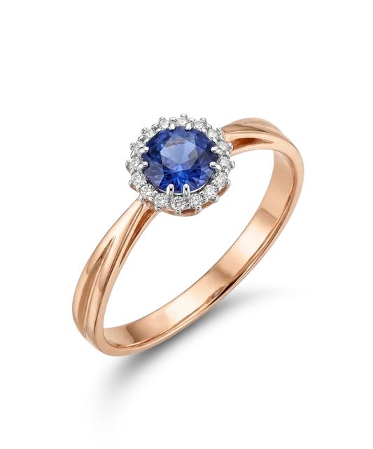 Rožinio aukso žiedas su apvaliu safyru ir briliantų aureole