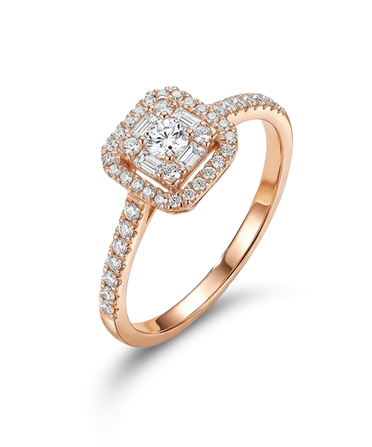 Rožinio aukso žiedas su centriniu briliantu ir halo dizainu