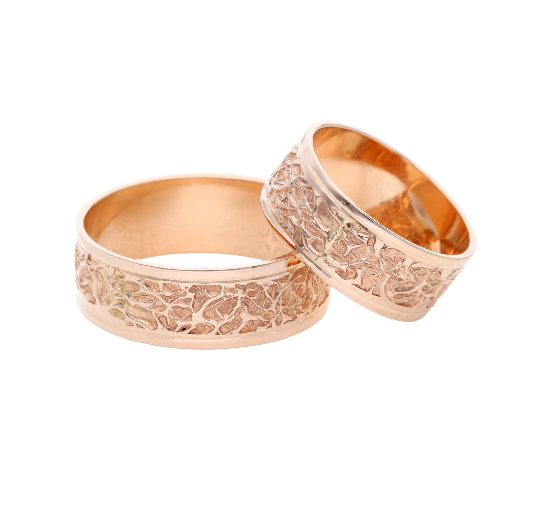 Rožinio aukso vestuviniai žiedai, 8 mm, reljefinė centrinė juosta ir poliruoti kraštai