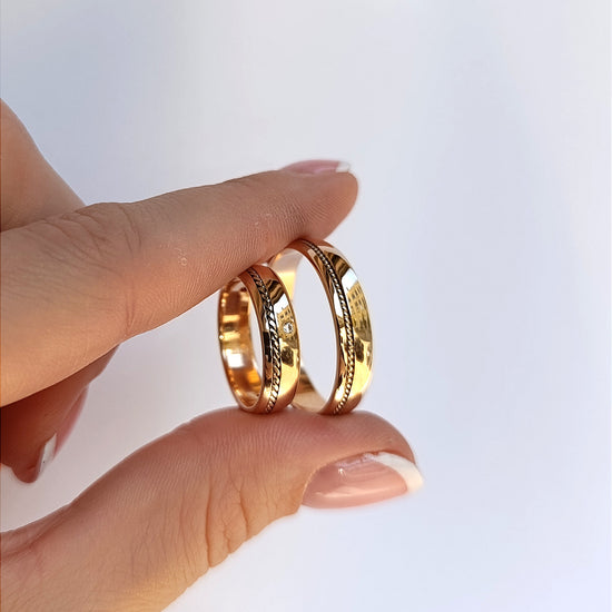 Rožinio ir balto aukso žiedai su pynutės raštu, moteriškas su cirkonio akute