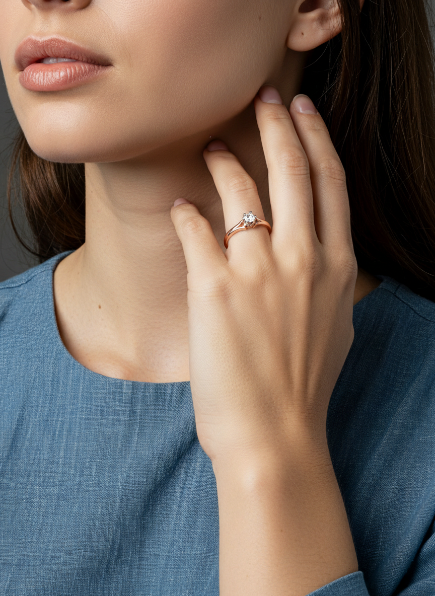 Auksinis sužadėtuvių žiedas su vienu akmeniu ant piršto