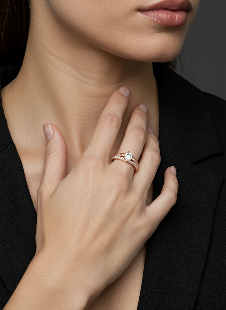 Auksinis sužadėtuvių žiedas su akmeniu ant piršto