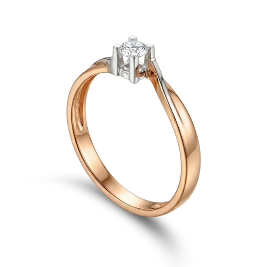 Sužadėtuvių žiedas su centriniu briliantu iš rožinio ir balto aukso