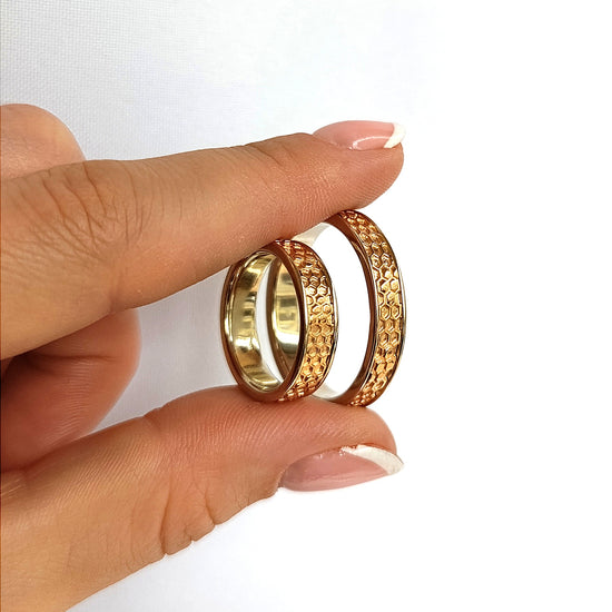 Vestuviniai žiedai, baltas + rožinis auksas 585, kalinėta centrinė juosta, 5 mm