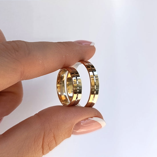 Vestuviniai žiedai, rožinis auksas 585, poliruotas paviršius, balto aukso takelis, 4,5 mm