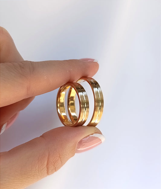 Vestuviniai žiedai, rožinis auksas 585, poliruotas paviršius ir balto aukso takelis, 4 mm