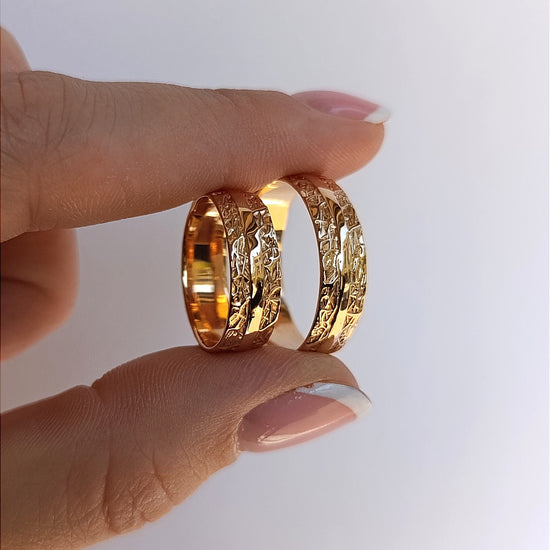 Vestuviniai žiedai, rožinis auksas 585, dekoratyvinė tekstūra šonuose, 6 mm