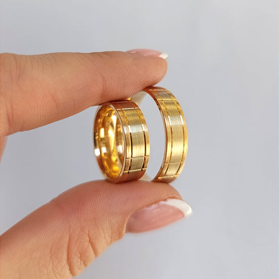 Vestuviniai žiedai, rožinis + baltas auksas 585, šepetuotas centras su vertikaliomis įpjovomis, 6 mm