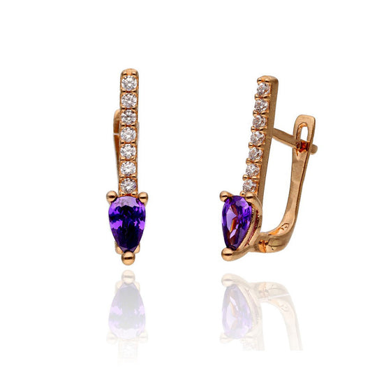Auksiniai auskarai su violetiniu akmeniu