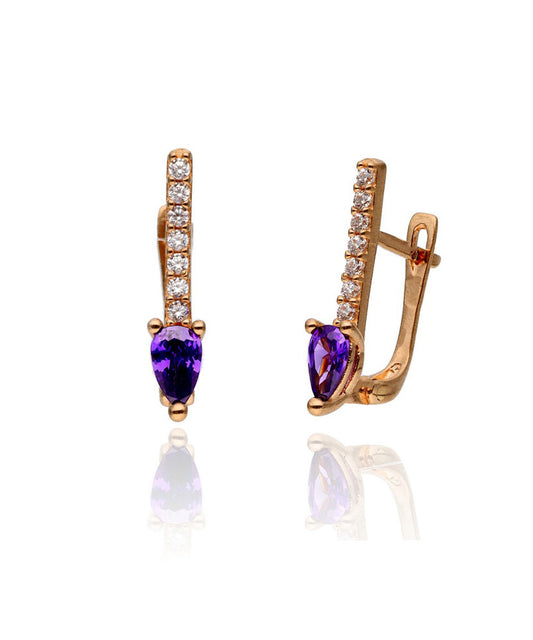 Auksiniai auskarai su violetiniu akmeniu