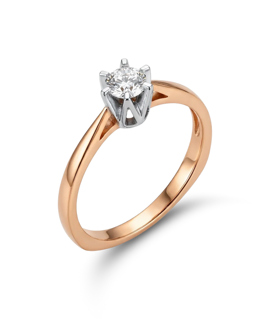 Raudono ir balto aukso žiedas su iškeltu centriniu cirkoniu