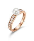 Rožinio aukso žiedas su perlu ir cirkoniais