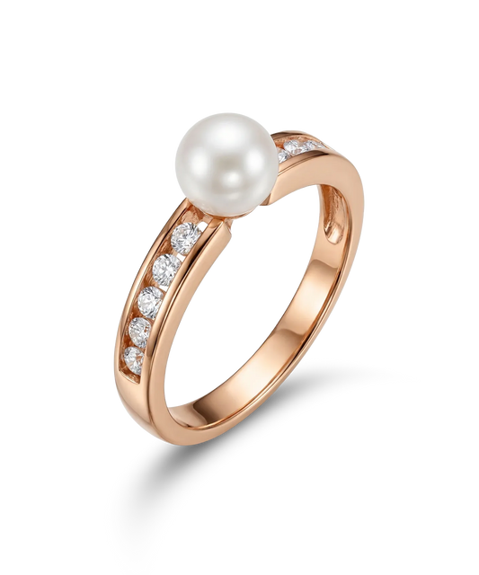 Rožinio aukso žiedas su perlu ir cirkoniais
