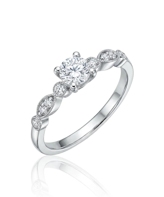 alto aukso žiedas su centriniu cirkoniu ir dekoratyvinėmis akutėmis