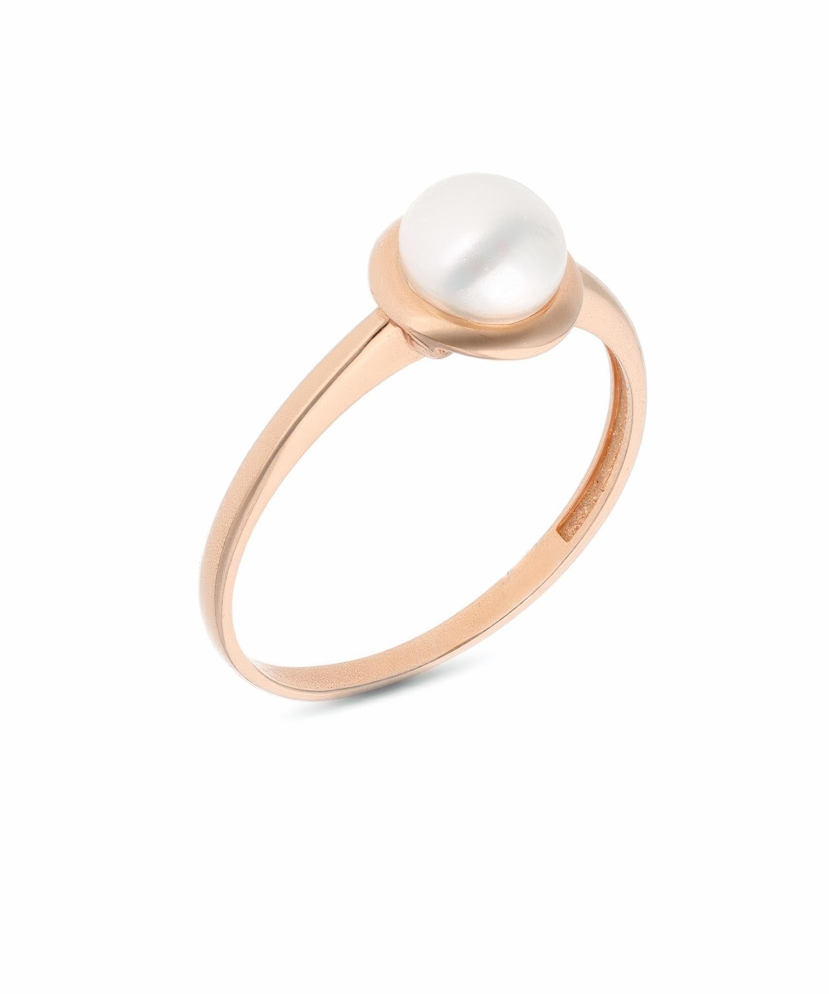 Rožinis auksinis žiedas su balto perlo akute