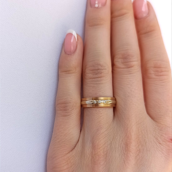 Žiedų pora su balto aukso takeliu ir rožinio aukso kraštais, 5 mm, subtili briliantų linija