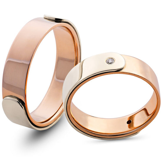Dviejų spalvų vestuviniai žiedai, 6 mm, rožinis auksas su asimetriškais balto aukso intarpais ir briliantu