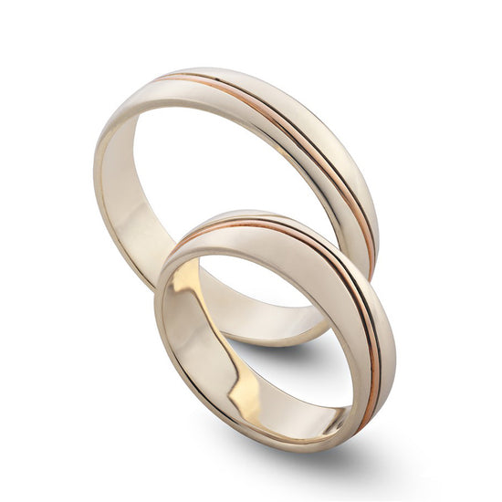Dviejų spalvų vestuviniai žiedai, 6 mm, baltas auksas su rožinio aukso banga ir komforto profiliu