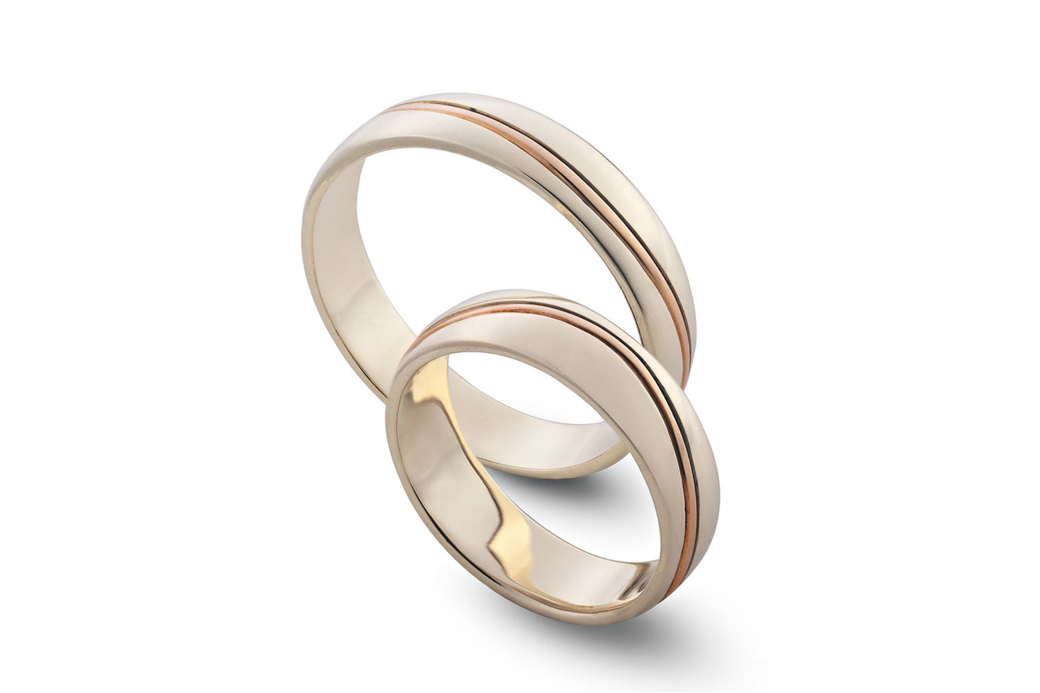 Dviejų spalvų vestuviniai žiedai, 6 mm, baltas auksas su rožinio aukso banga ir komforto profiliu