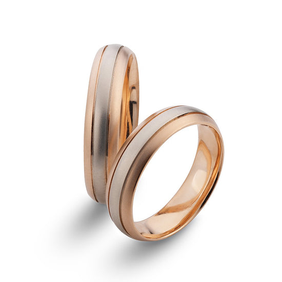 Dviejų spalvų vestuviniai žiedai, 6 mm, balto aukso centras ir rožinio aukso kraštai, komforto profilis