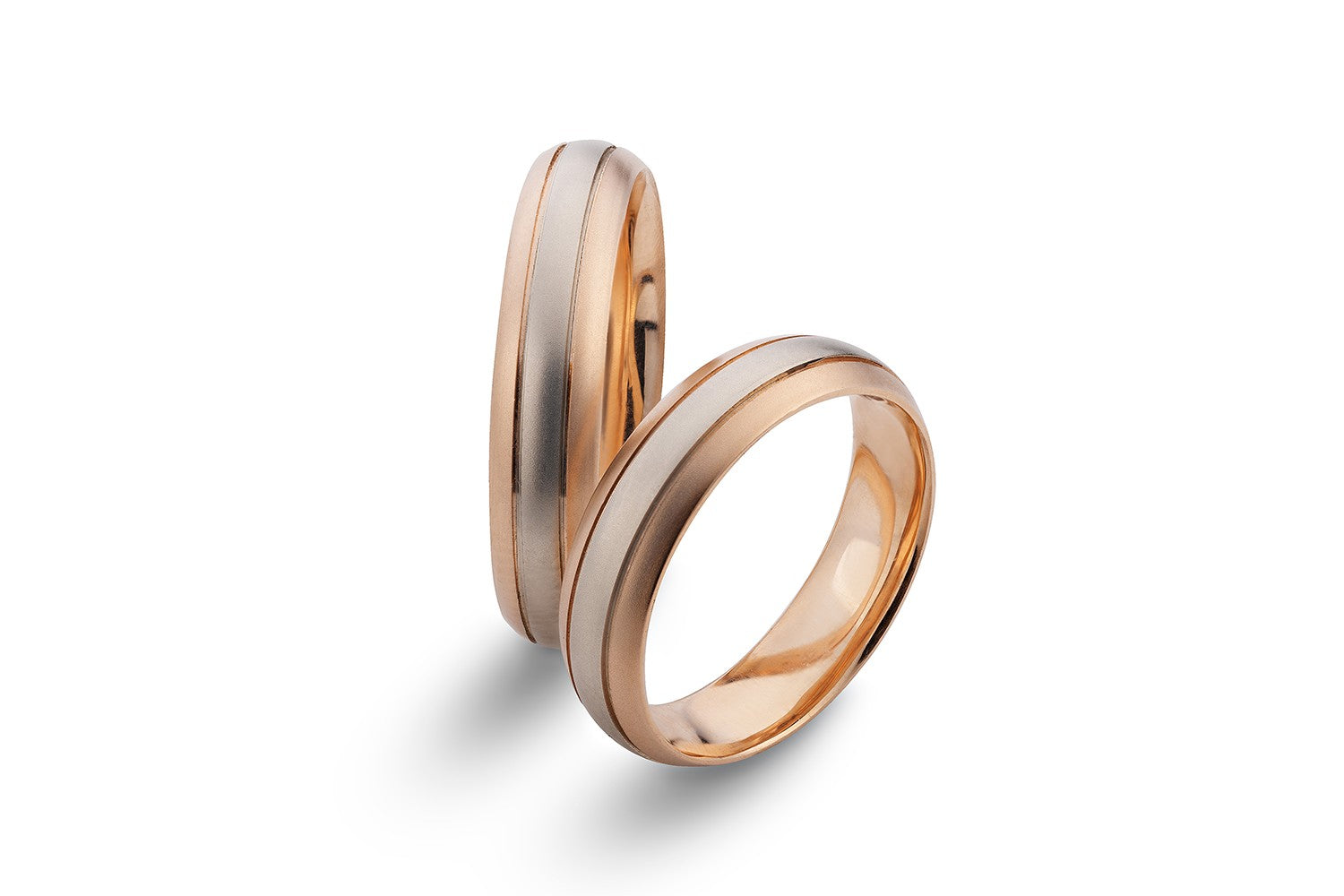 Dviejų spalvų vestuviniai žiedai, 6 mm, balto aukso centras ir rožinio aukso kraštai, komforto profilis