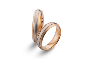 Dviejų spalvų vestuviniai žiedai, 6 mm, balto aukso centras ir rožinio aukso kraštai, komforto profilis
