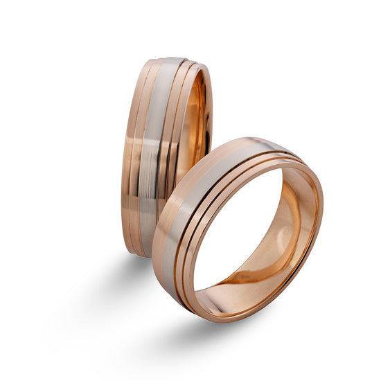Dviejų spalvų vestuviniai žiedai, 6 mm, balto aukso juosta centre ir trys griovelių linijos
