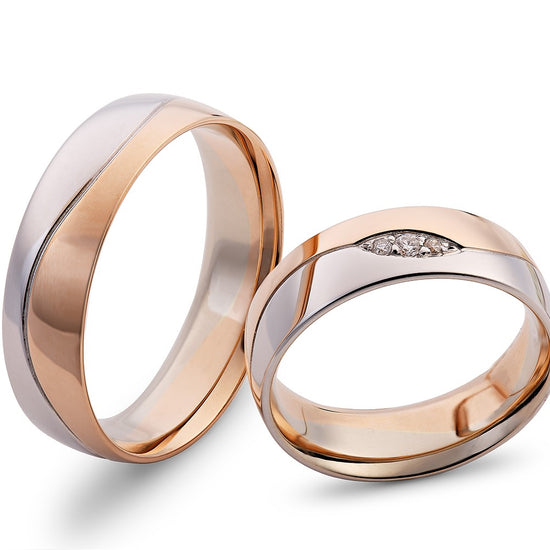 Dviejų spalvų vestuviniai žiedai su banguotu rožinio ir balto aukso perėjimu, 6 mm, cirkonių akcentas