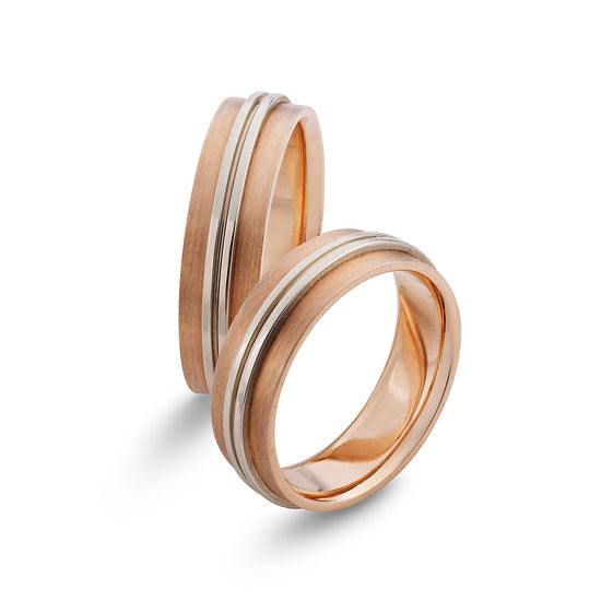 Dviejų spalvų vestuviniai žiedai, 5 mm, rožinis auksas su dviguba balto aukso linija ir komforto profiliu