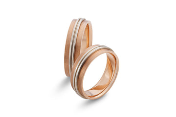 Dviejų spalvų vestuviniai žiedai, 5 mm, rožinis auksas su dviguba balto aukso linija ir komforto profiliu