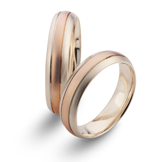 Dviejų spalvų vestuviniai žiedai, 6 mm, rožinis ir baltas auksas su minkšta banga