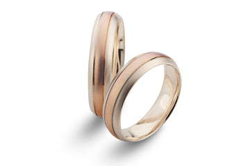 Dviejų spalvų vestuviniai žiedai, 6 mm, rožinis ir baltas auksas su minkšta banga