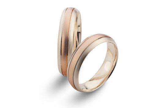 Dviejų spalvų vestuviniai žiedai, 6 mm, rožinis ir baltas auksas su minkšta banga