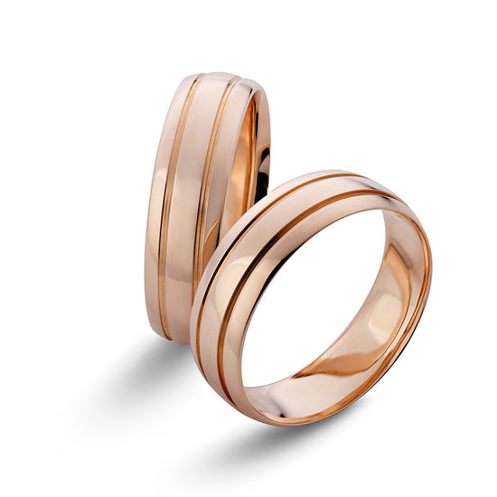 Rožinio aukso vestuviniai žiedai su dvigubais grioveliais, 6 mm