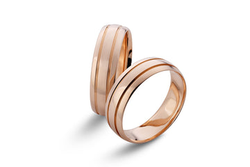 Rožinio aukso vestuviniai žiedai su dvigubais grioveliais, 6 mm